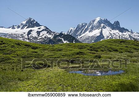 Stock Photo - Small mountain lake at Aiguillette de Poisettes, left Aiguille de Chardonnet, right Aiguille Verte, Chamonix, Haute-Savoie, France, Europe. Fotosearch