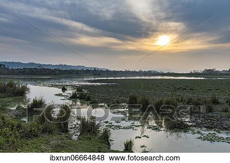 Stock Photo - Sunset over the Brahmaputra river, Unesco world heritage site, Kaziranga National Park, Assam, India, Asia. Fotosearch
