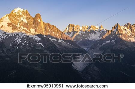 Sunset, view of glacier tongue, Mer de Glace, mountain tops, Les Periades, Mont Blanc massif, Chamonix-Mont-Blanc, Rhône-Alpes, France, Europe View Large Photo Image Stock Image - Sunset, view of glacier tongue, Mer de Glace, mountain tops, Les Periades, Mont Blanc massif, Chamonix-Mont-Blanc, Rhône-Alpes, France, Europe. Fotosearch