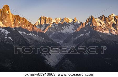 Sunset with alpenglow, view of glacier tongue, Mer de Glace, mountain peaks, Les Periades, Mont Blanc massif, Chamonix-Mont-Blanc, Rhône-Alpes, France, Europe View Large Photo Image Stock Image - Sunset with alpenglow, view of glacier tongue, Mer de Glace, mountain peaks, Les Periades, Mont Blanc massif, Chamonix-Mont-Blanc, Rhône-Alpes, France, Europe. Fotosearch