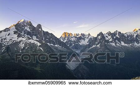 Stock Photography - Sunset with alpenglow, view of glacier tongue, Mer de Glace, mountain peaks, Les Periades, Mont Blanc massif, Chamonix-Mont-Blanc, Rhône-Alpes, France, Europe. Fotosearch