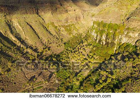 Stock Image - Upper valley in Valle Gran Rey in evening light, drone shot, La Gomera, Canary Islands, Spain, Europe. Fotosearch