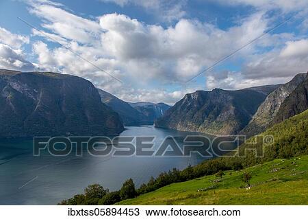 Stock Image - View from Aurlandsvegen to Aurlandsfjord, Norway, Europe. Fotosearch