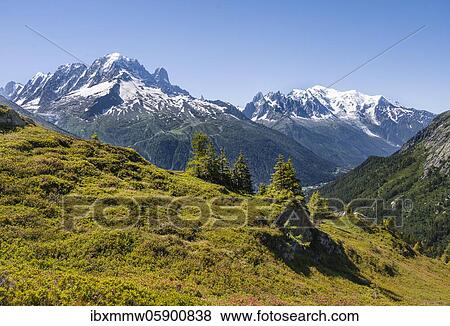 View into the valley, mountain panorama from Aiguillette de Poisettes, left Aiguille Verte, right Aiguille du Midi and Mont Blanc, Chamonix, Haute-Savoie, France, Europe View Large Photo Image Stock Photo - View into the valley, mountain panorama from Aiguillette de Poisettes, left Aiguille Verte, right Aiguille du Midi and Mont Blanc, Chamonix, Haute-Savoie, France, Europe. Fotosearch