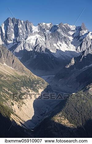 View of glacier tongue, Mer de Glace, mountain tops, Les Periades, Mont Blanc massif, Chamonix-Mont-Blanc, Rhône-Alpes, France, Europe View Large Photo Image Stock Photo - View of glacier tongue, Mer de Glace, mountain tops, Les Periades, Mont Blanc massif, Chamonix-Mont-Blanc, Rhône-Alpes, France, Europe. Fotosearch