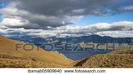 View of Lake Hawea, lake and mountain landscape, view from Isthmus Peak, Otago, South Island, New Zealand, Oceania View Large Photo Image Stock Image - View of Lake Hawea, lake and mountain landscape, view from Isthmus Peak, Otago, South Island, New Zealand, Oceania. Fotosearch