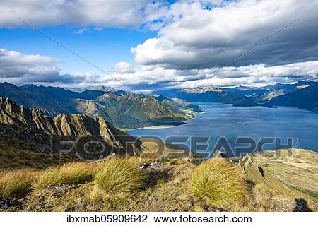 Stock Image - View of Lake Hawea, lake and mountain landscape, view from Isthmus Peak, Otago, South Island, New Zealand, Oceania. Fotosearch