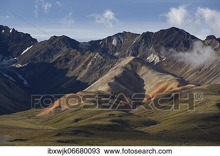 View of the Alaska Range with multicolored volcanic rock formations, Polychrome Pass, Denali National Park, Alaska, USA, North America View Large Photo Image Stock Image - View of the Alaska Range with multicolored volcanic rock formations, Polychrome Pass, Denali National Park, Alaska, USA, North America. Fotosearch