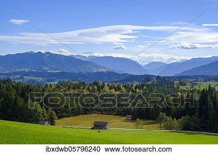 Stock Image - View of the Ammergau Alps, Mühlegg near Wildsteig, Upper Bavaria, Bavaria, Germany, Europe. Fotosearch