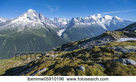 Stock Photograph - View of the Mer de Glace glacial valley, Grand Balcon North, Aiguille Verte, Grandes Jorasses, Mont Blanc massif, Chamonix-Mont-Blanc, Haute-Savoie, France, Europe. Fotosearch