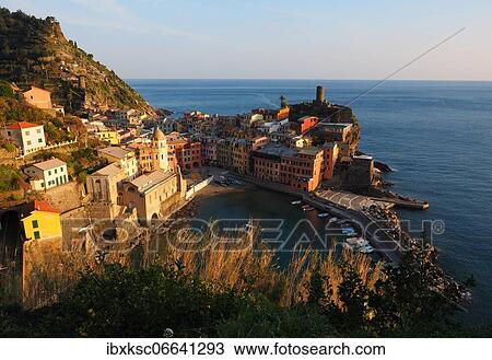 Stock Image - View of Vernazza in the evening light, Vernazza, Cinque Terre, Liguria, Italy, Europe. Fotosearch