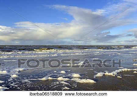 Waves on a sandy beach with foam formation, blue sky with deep swelling clouds (cumulus) over the North Sea, Norderney, East Frisian Islands, Lower Saxony, Germany, Europe View Large Photo Image Stock Photo - Waves on a sandy beach with foam formation, blue sky with deep swelling clouds (cumulus) over the North Sea, Norderney, East Frisian Islands, Lower Saxony, Germany, Europe. Fotosearch