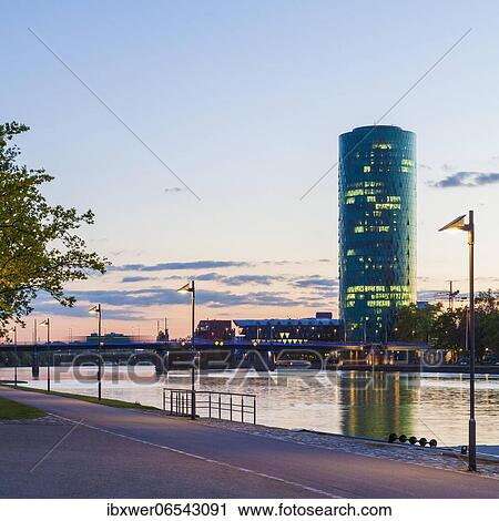 Stock Image - Westhafen Tower, office building, high-rise, Main, Frankfurt am Main, Hesse, Germany, Europe. Fotosearch