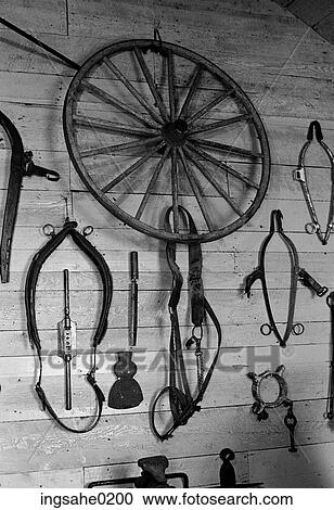 Wagon wheel and harnesses on wall View Large Photo Image Stock Image - Wagon wheel and harnesses on wall . Fotosearch