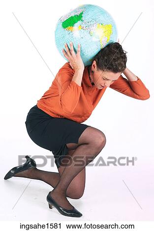 Stock Image - business woman with world on her shoulders 3 5k2. Fotosearch
