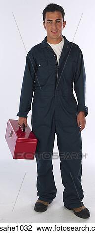 Stock Image - Mechanic carrying red toolbox a81. Fotosearch