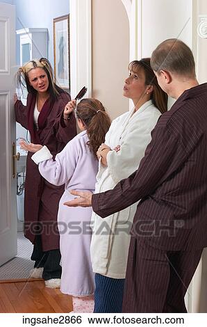 Family lining up to use bathroom View Large Photo Image Stock Photograph - Family lining up to use bathroom . Fotosearch