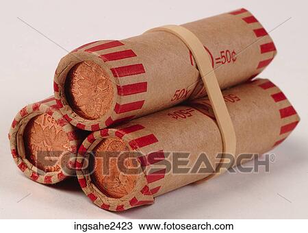 Stock Image - Rolls of Canadian pennies . Fotosearch