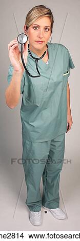 Picture - woman in hospital scrubs . Fotosearch