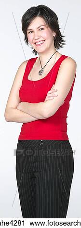 Stock Image - Smiling woman in red shirt. Fotosearch
