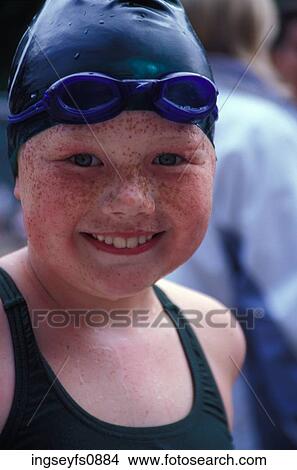 Happy Little Freckled Girl Wearing Swimming Cap View Large Photo Image Picture - Happy Little Freckled Girl Wearing Swimming Cap. Fotosearch