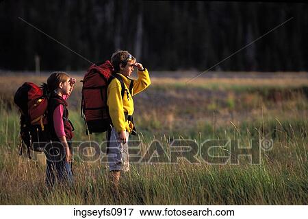 Kids Backpacking View Large Photo Image Stock Photo - Kids Backpacking. Fotosearch