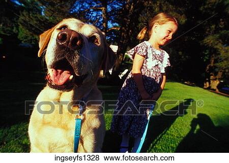 Stock Photo - Little Girl With Dog on Leash. Fotosearch