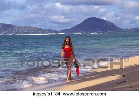 Woman on Beach with Flippers and Snorkel View Large Photo Image Picture - Woman on Beach with Flippers and Snorkel. Fotosearch