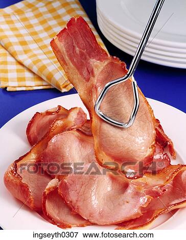 bacon, slices, streaky, back, grilled, pork, tongs View Large Photo Image Stock Photo - bacon, slices, streaky, back, grilled, pork, tongs. Fotosearch
