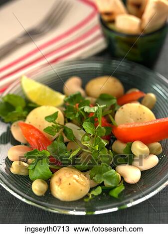 Stock Image - Bean potato Watercress, lunch, snack, vegetarian, vegetarian dish, Bean, potato. Fotosearch