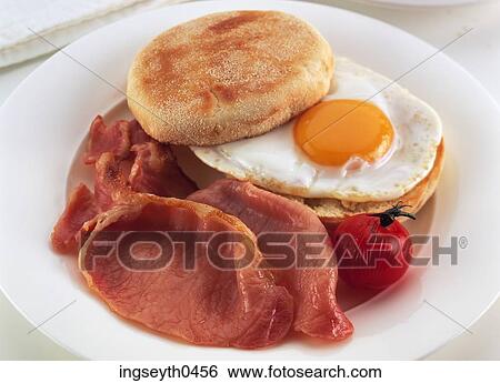 breakfast, bacon, eggs, muffin, plate, fried, slices View Large Photo Image Stock Photograph - breakfast, bacon, eggs, muffin, plate, fried, slices. Fotosearch