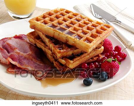 breakfast, waffle, bacon, ham, maple syrup, fruit, plate View Large Photo Image Stock Image - breakfast, waffle, bacon, ham, maple syrup, fruit, plate. Fotosearch