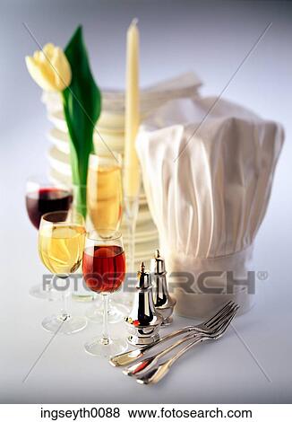 Stock Photo - chefs hat, cooking equipment, whisk, glasses, chef, culinary, kitchen. Fotosearch