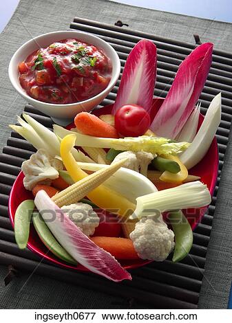 Crudites & salsa, raw vegetables, raw food, nibbles, finger food, snack, buffet View Large Photo Image Stock Photo - Crudites & salsa, raw vegetables, raw food, nibbles, finger food, snack, buffet. Fotosearch