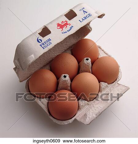 Stock Photo - Eggs, half dozen, half dozen eggs, egg box, six, six eggs, free range. Fotosearch