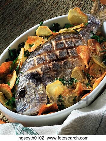 Stock Image - fish, grilled fish, baked fish, food, diet, nutritian, eat. Fotosearch