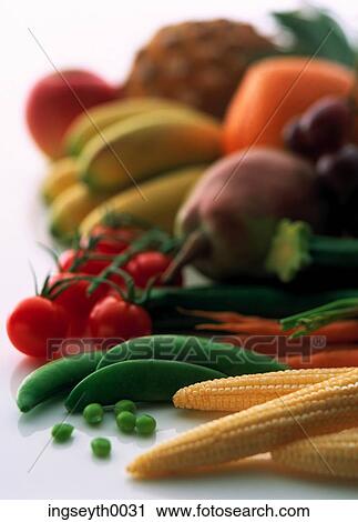 Stock Image - fruit and vegetables, vegetables, fruit, vegetable selection, mixed fruit and veg, food, diet. Fotosearch