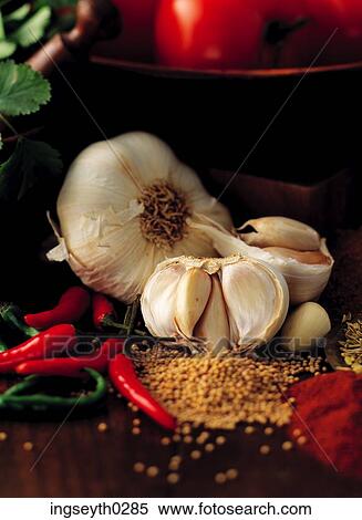 Stock Photography - garlic, spices, chillies, red chili, turmeric, paprika, chili powder. Fotosearch