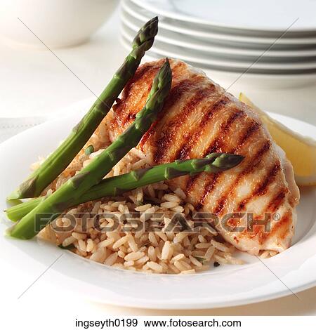 Stock Photo - Grilled Chicken, Rice, Chicken, Grill, Rice, food, diet. Fotosearch
