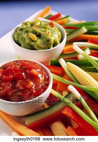 Stock Photo - guacamole, salsa, crudites, dip, dips, tasting plate, appetiser. Fotosearch