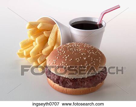 Stock Photo - hamburger, take away, bun, sesame bun, beefbuger, american food, hamburger chips & drink. Fotosearch