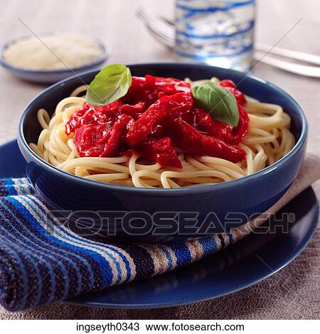 Stock Image - main course, pasta, Italian, plate, fork, marinara, tomato sauce. Fotosearch