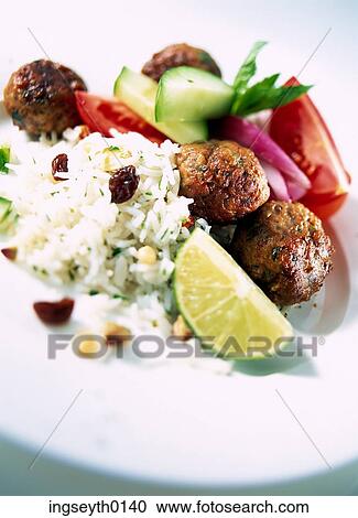 Stock Image - meatballs & rice, meatballs, rice, meatball, meat, food, diet. Fotosearch