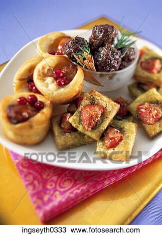 Stock Image - mini snacks, snacks, savouries, buffet, food, diet, nutritian. Fotosearch