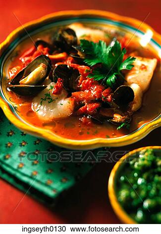 Stock Image - mussels, moules, mediterranean, shellfish, lemon, bowl, snack. Fotosearch