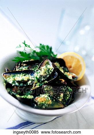 Stock Photography - mussels, moules, mediterranean, shellfish, lemon, bowl, snack. Fotosearch