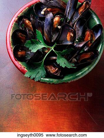 Stock Photography - mussels, moules, mediterranean, shellfish, lemon, bowl, snack. Fotosearch