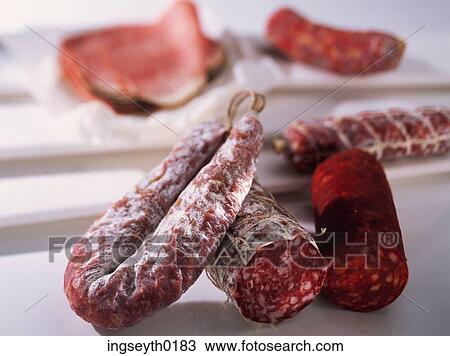 salami, salamis, sausage, chorizo, ham, speck, wurst View Large Photo Image Stock Image - salami, salamis, sausage, chorizo, ham, speck, wurst. Fotosearch