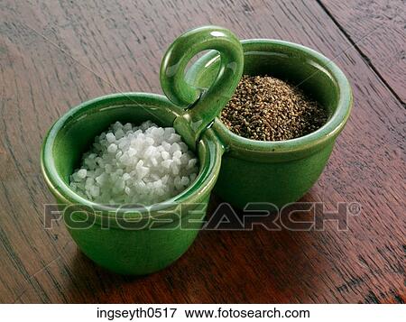 Stock Photo - Sea Salt & Black Pepper, Black, Pepper, Salt, Sea, ground pepper, ground salt. Fotosearch