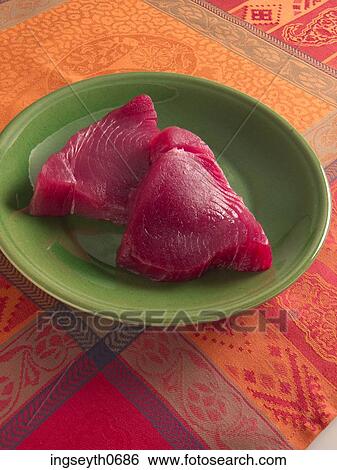Stock Photograph - Tuna, tuna steak, raw, fish, sea food, fish steak, food. Fotosearch